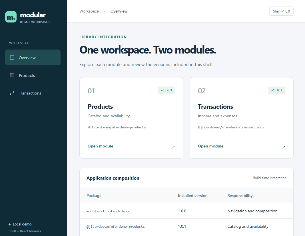 Modular Frontend Demo workspace preview